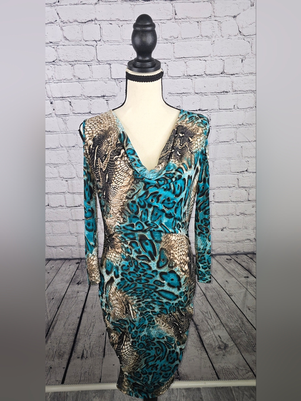 Venus Teal Snake-Print Cowl Neck Dress